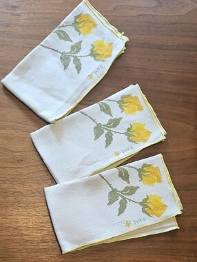 Lot Of 3 Vintage Vera Neumann Yellow Rose Linen Cloth Napkins 15.5" Square